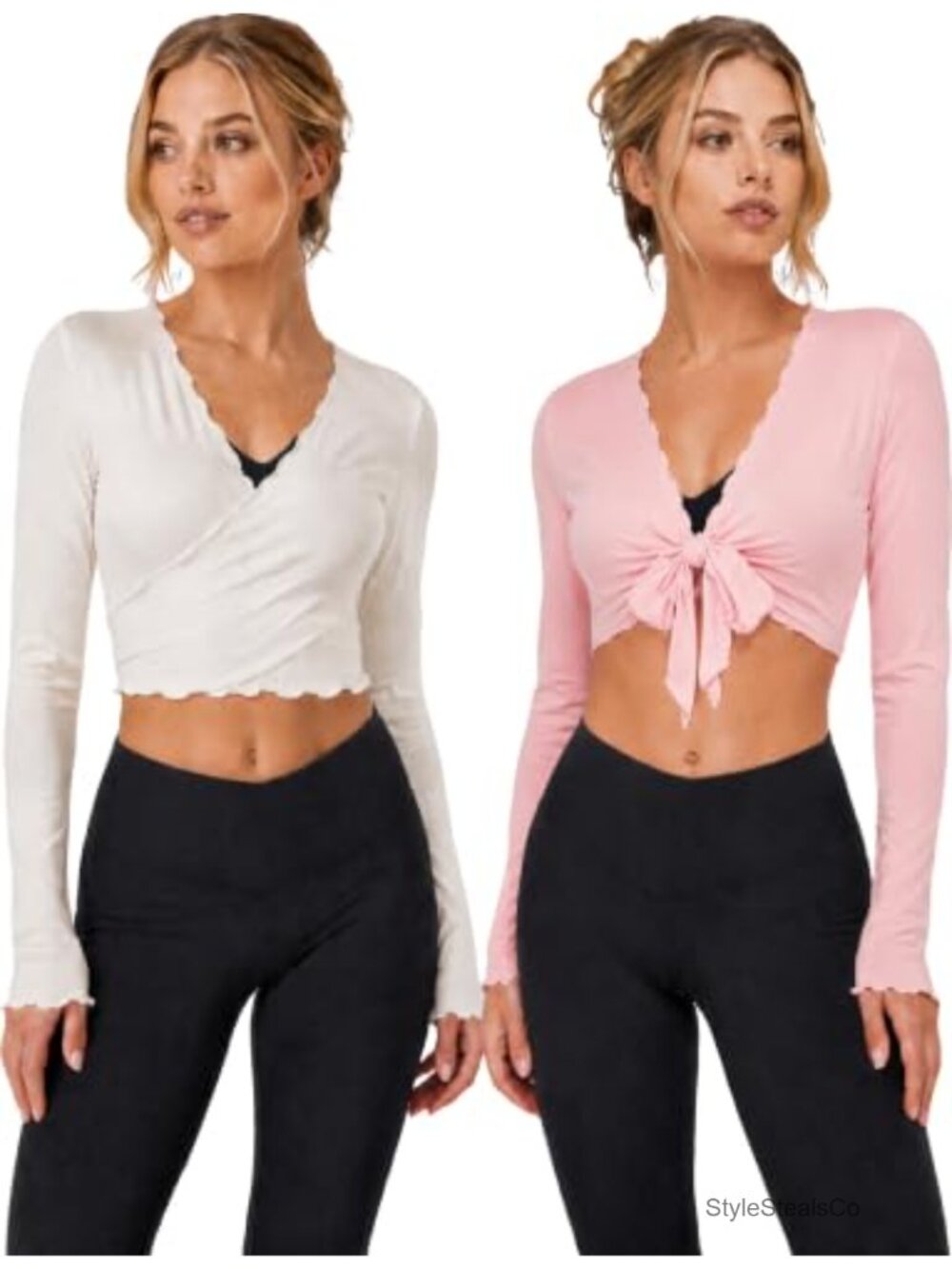 Women's 2 Pack Wrap Tops Long Sleeve Tie Front Yoga Pilates Top